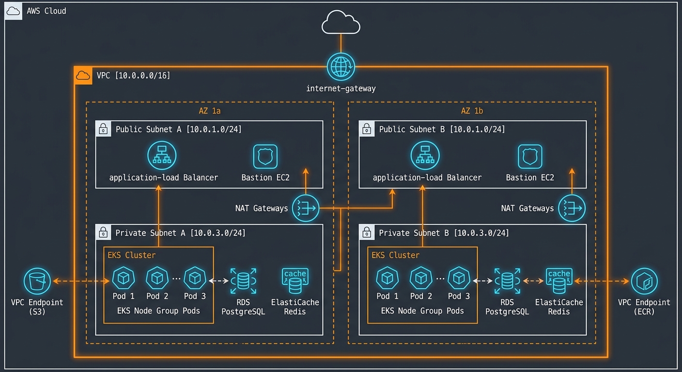 AWS VPC architecture with public/private subnets, EKS cluster, RDS, ElastiCache, and VPC endpoints