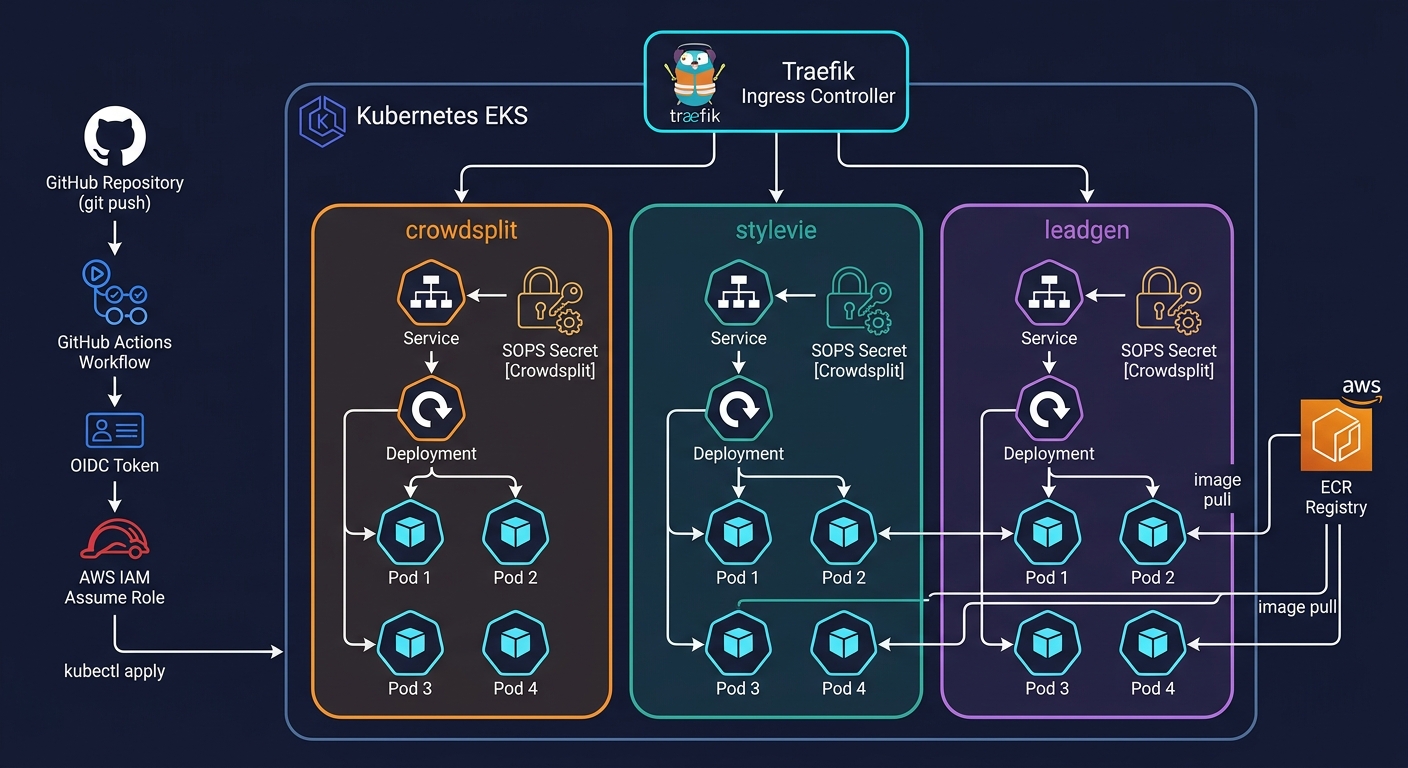 EKS cluster with Traefik ingress, service namespaces, and GitOps pipeline