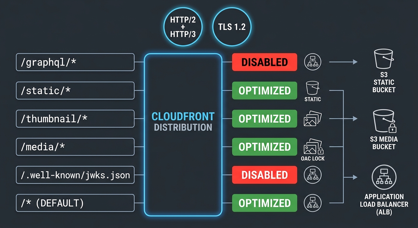 CloudFront distribution cache behavior routing — path patterns, DISABLED/OPTIMIZED badges, S3 and ALB origins