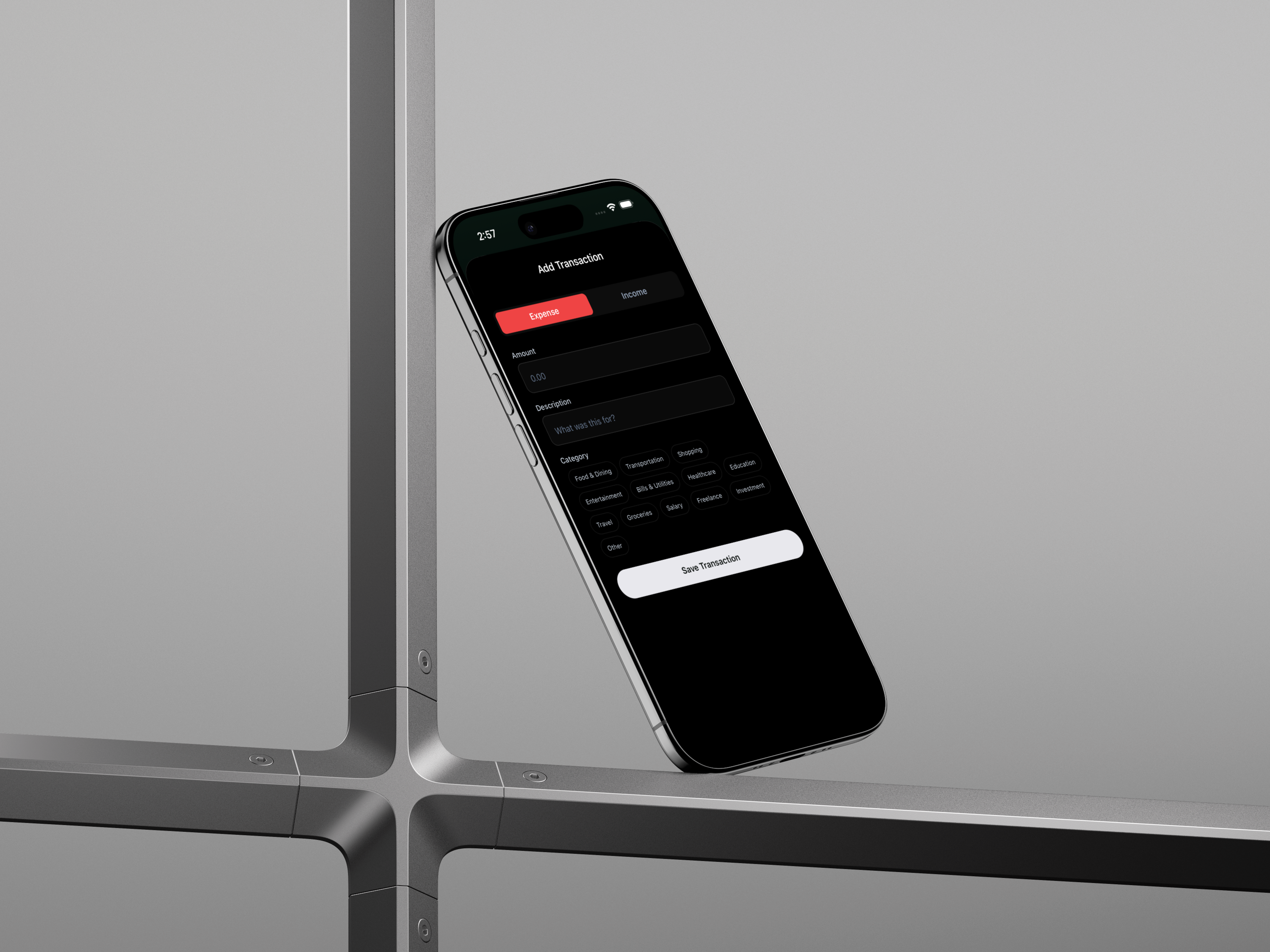FundPrism add expense screen — manual transaction entry with category, amount, and date
