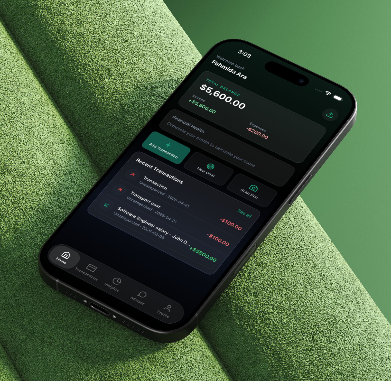 FundPrism dashboard — financial summary with spending breakdown and health score