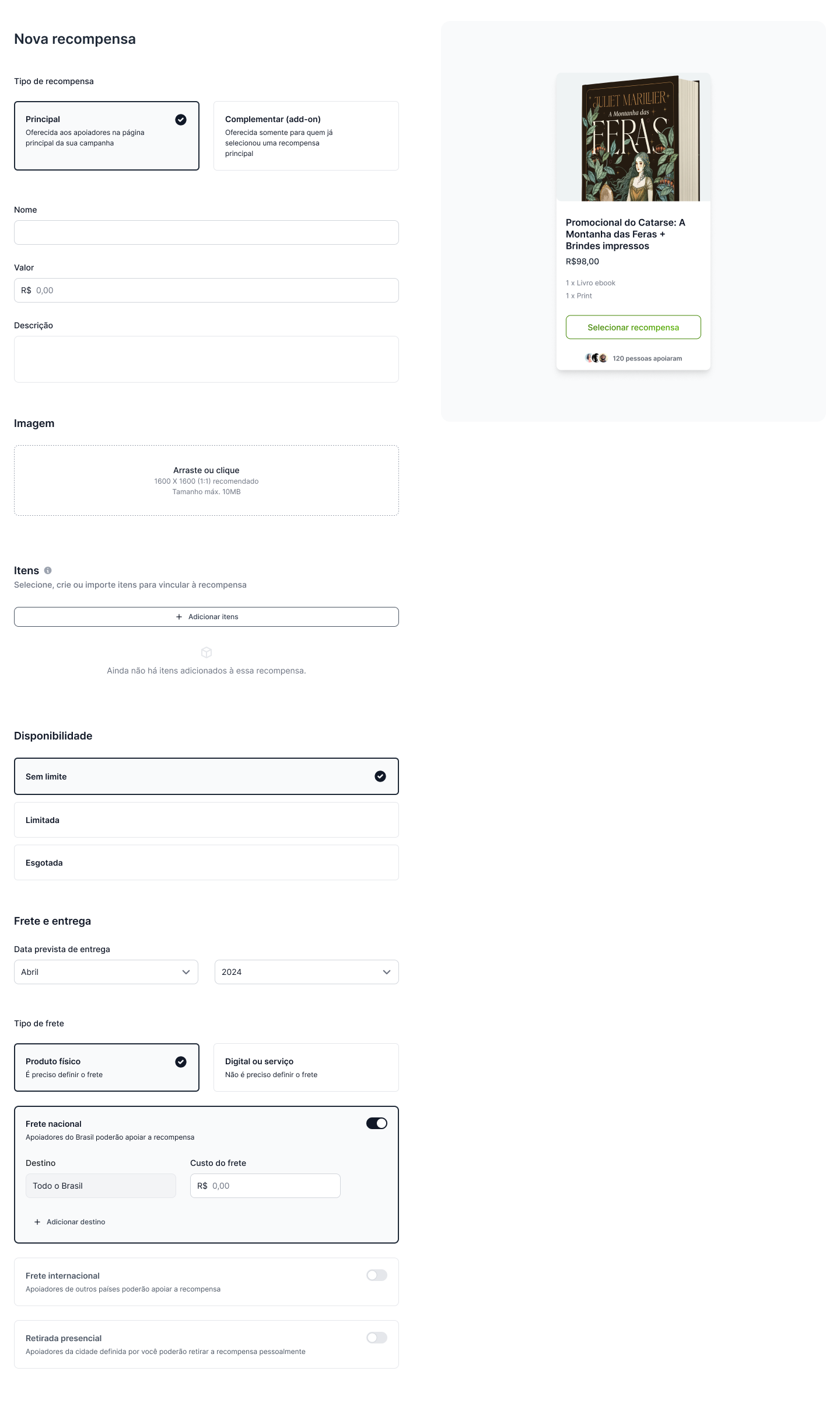 Reward creation form with drag-and-drop image upload, shipping configuration, and reward preview