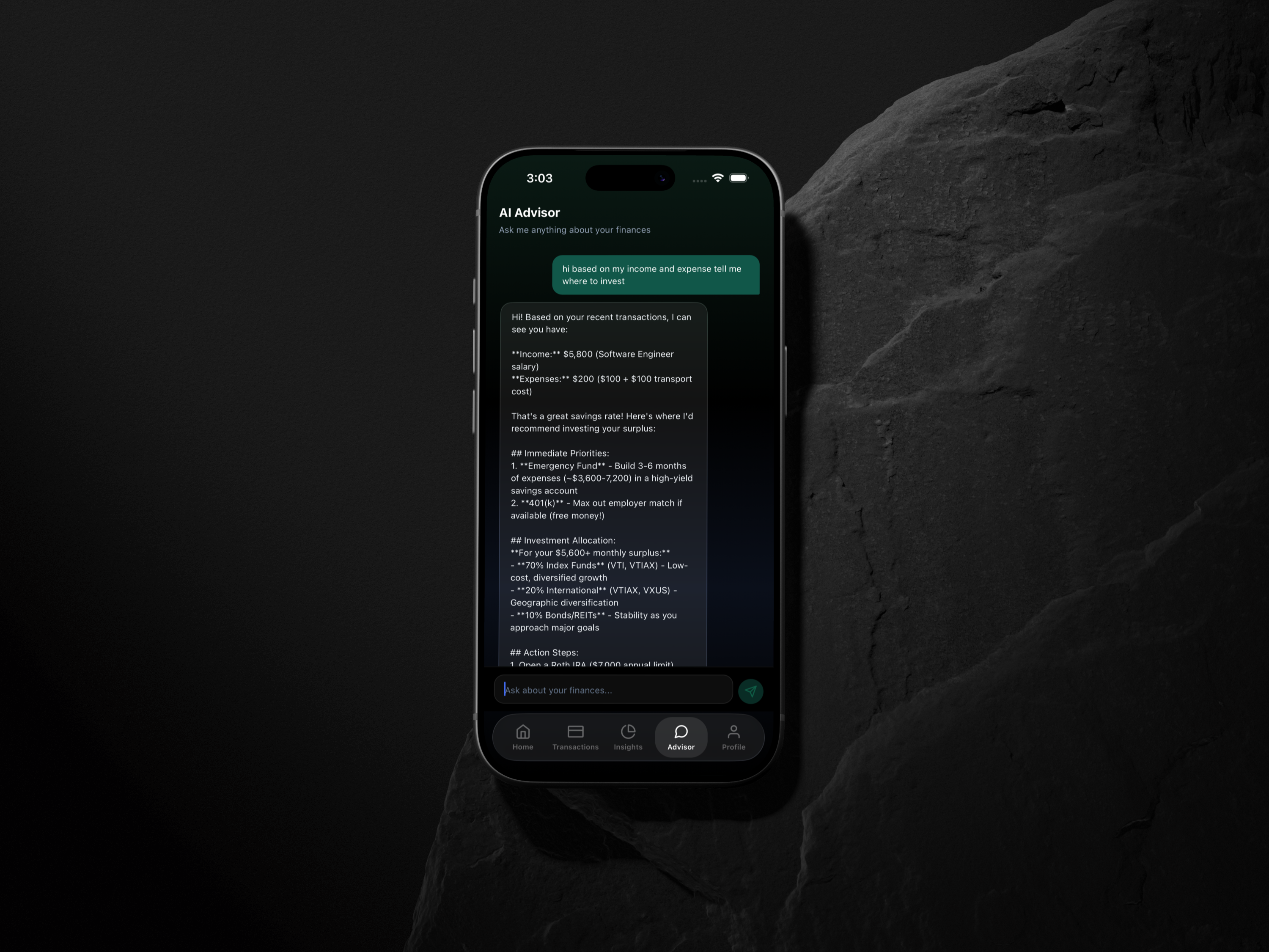 FundPrism insight generator — AI-generated financial recommendations and health score