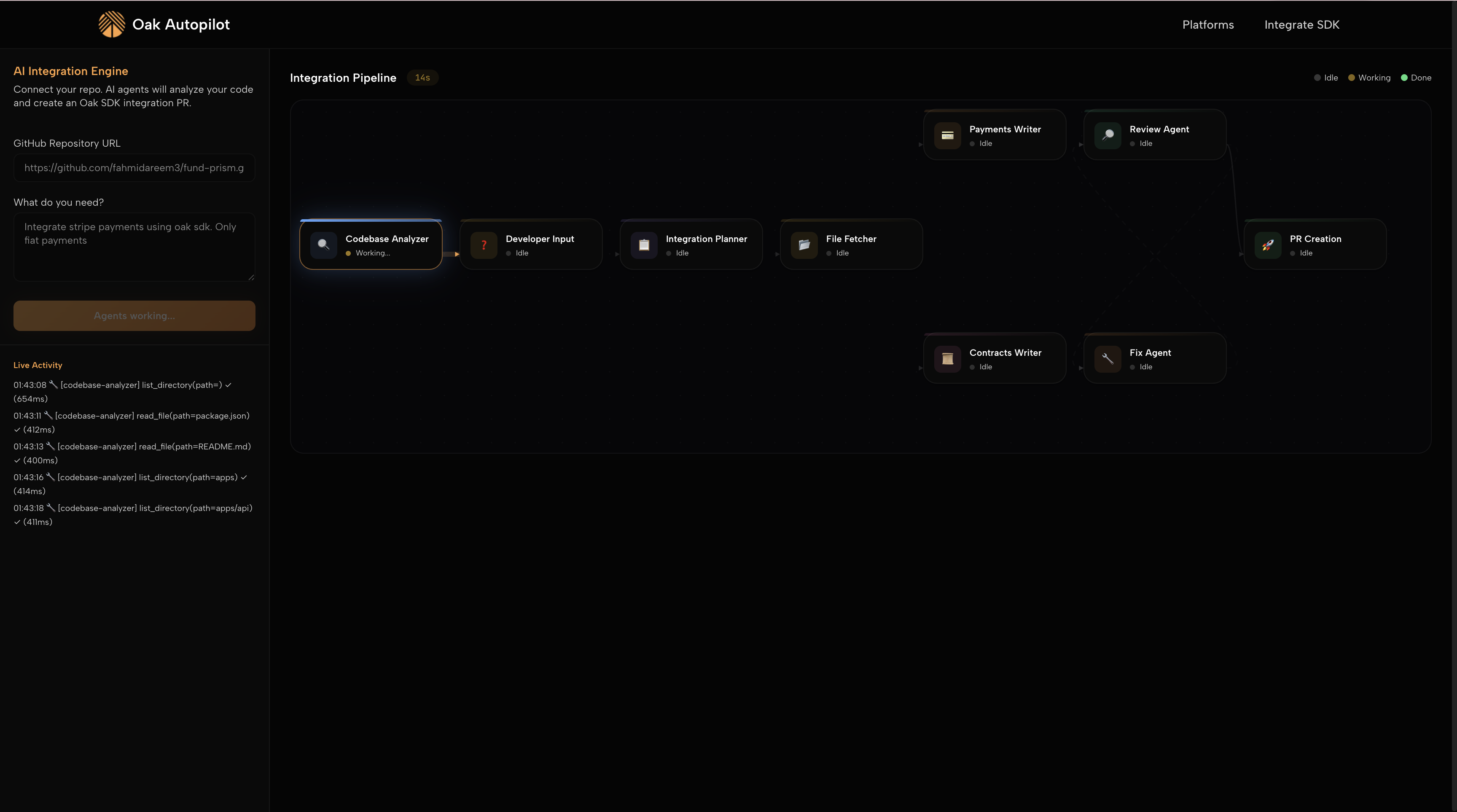 Oak Autopilot Integration Pipeline — 8 agents running in real-time with live activity log