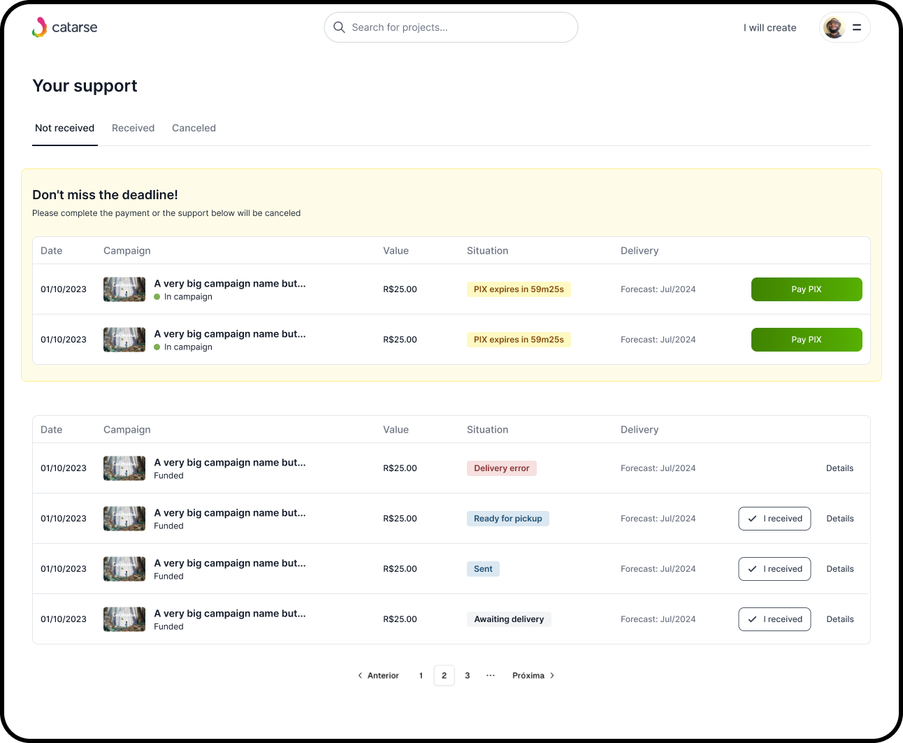 Backer support dashboard — pledge tracking with PIX expiry countdown, fulfillment status, and payment actions