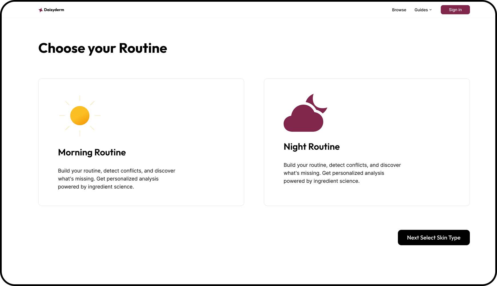 DaisyDerm routine time selector — choose morning or night routine