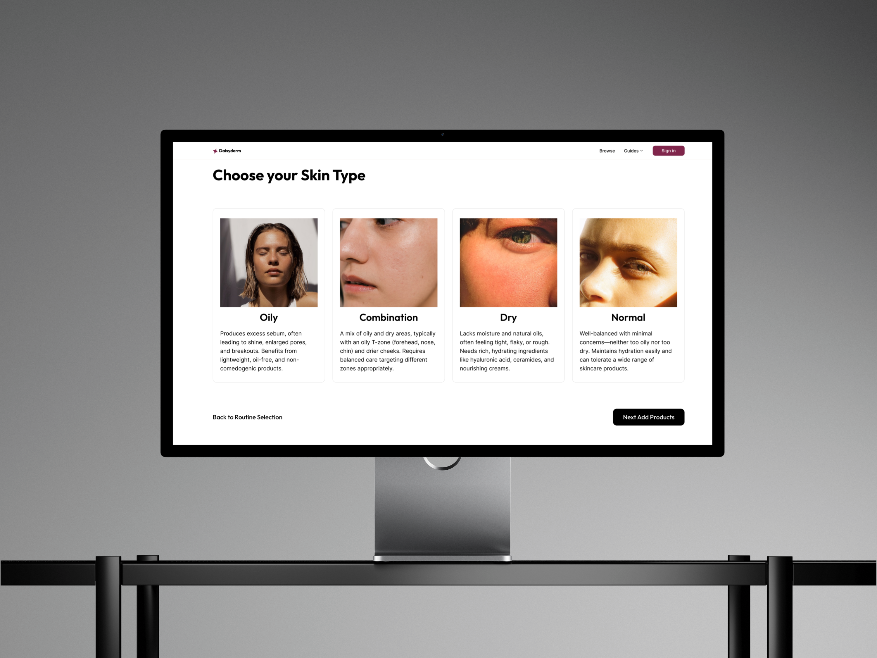 DaisyDerm skin type selector — oily, dry, combination, normal, sensitive