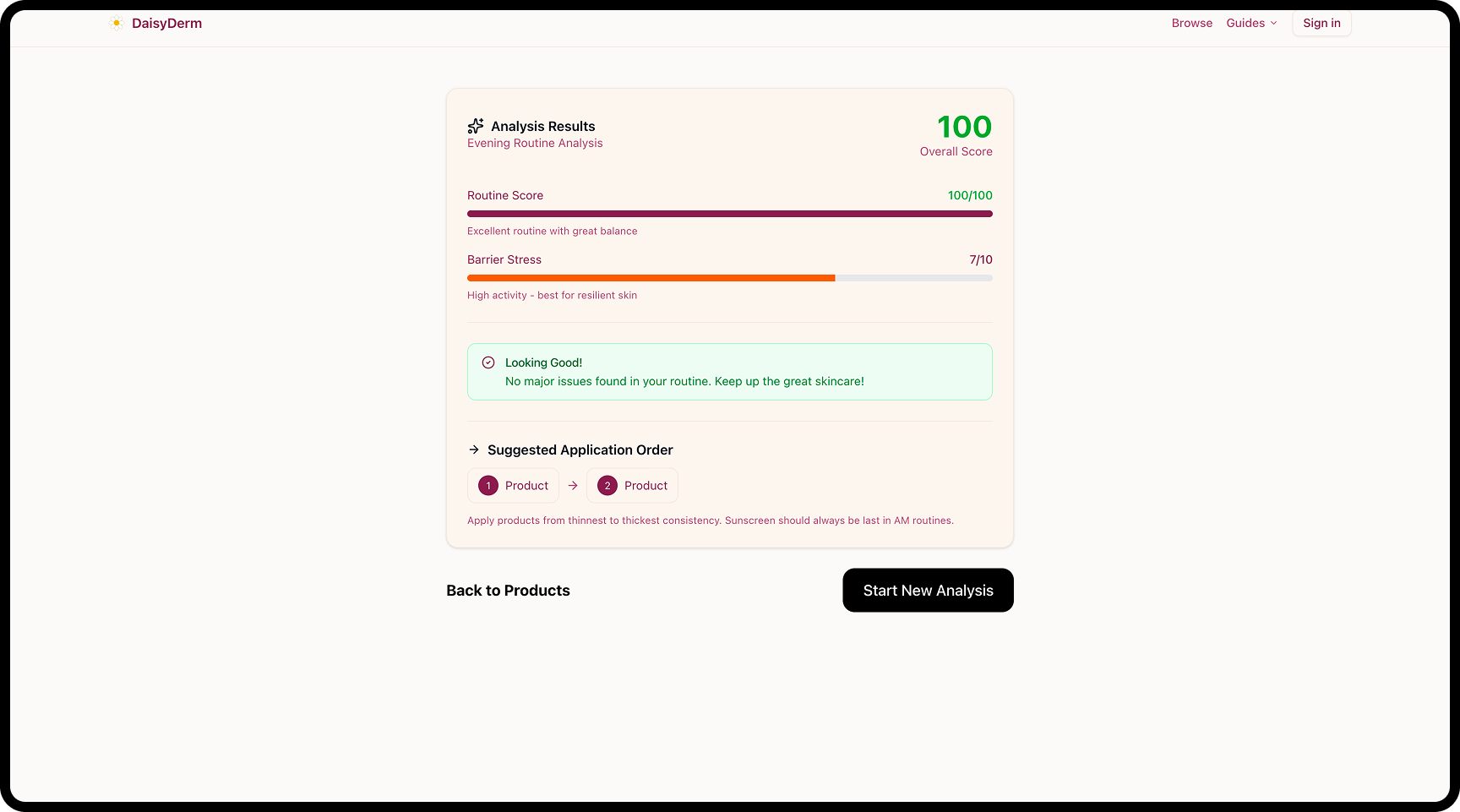 DaisyDerm skin score generator — routine analysis results with conflict detection and health score