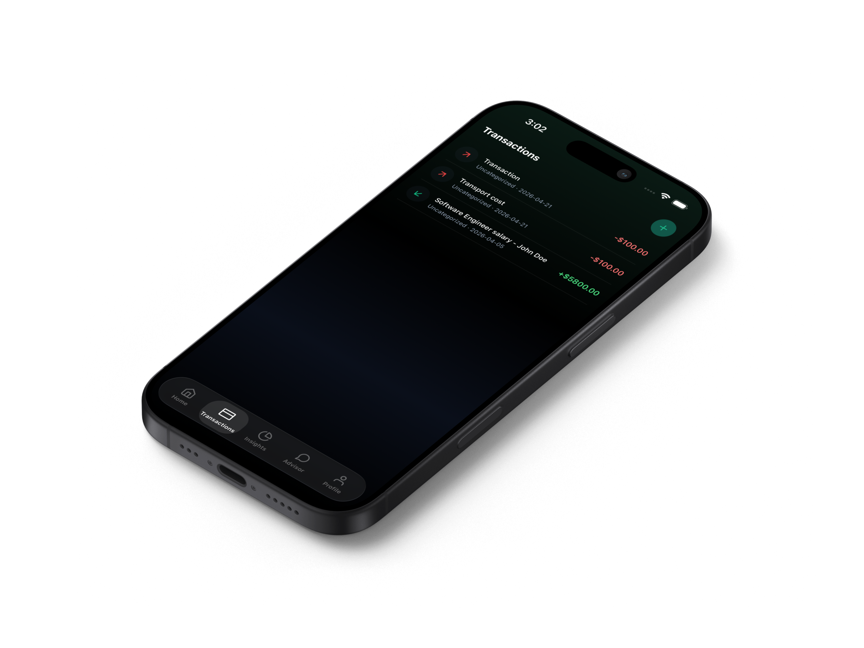 FundPrism transaction list — categorised expenses and income with date and amount