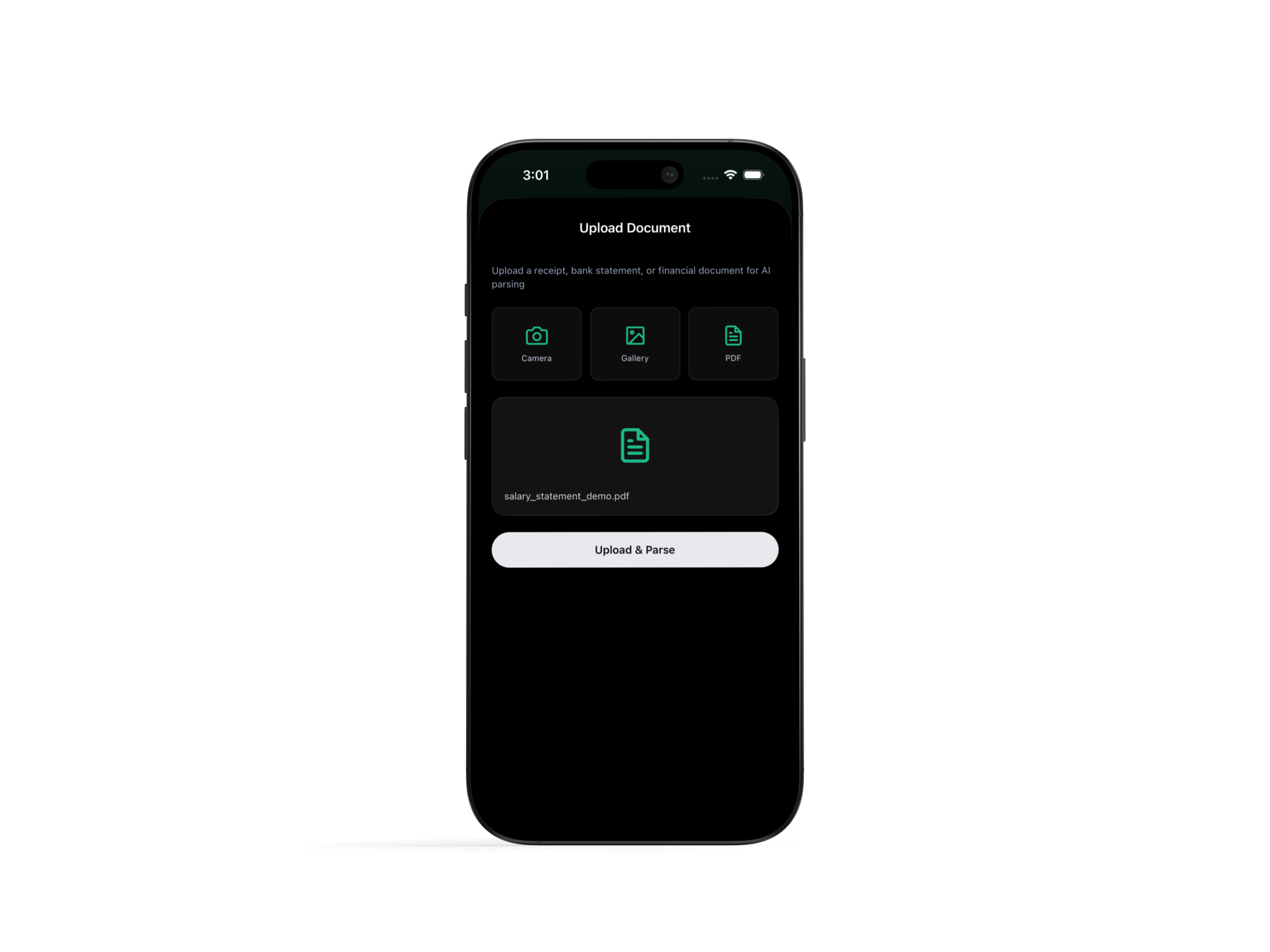 FundPrism document upload screen — file picker for bank statements and receipts